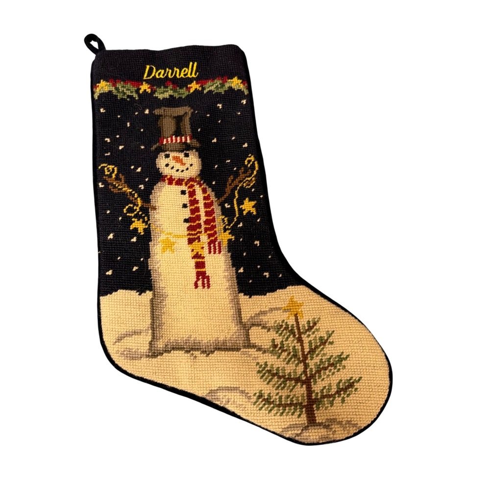 Lands End Snowman Needlepoint Christmas Stocking Wool Velvet Darrell Embroidered